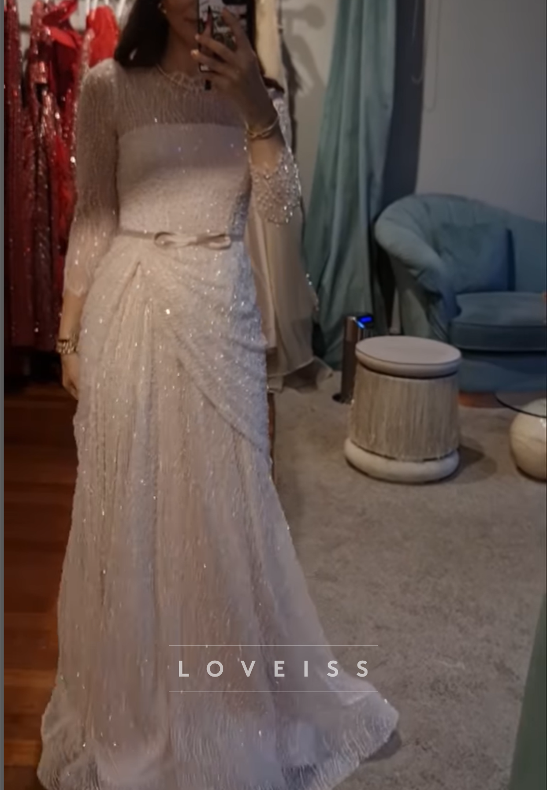 Scoop Long Sleeves Beaded Embroidery Ruched Sheath Evening Dress