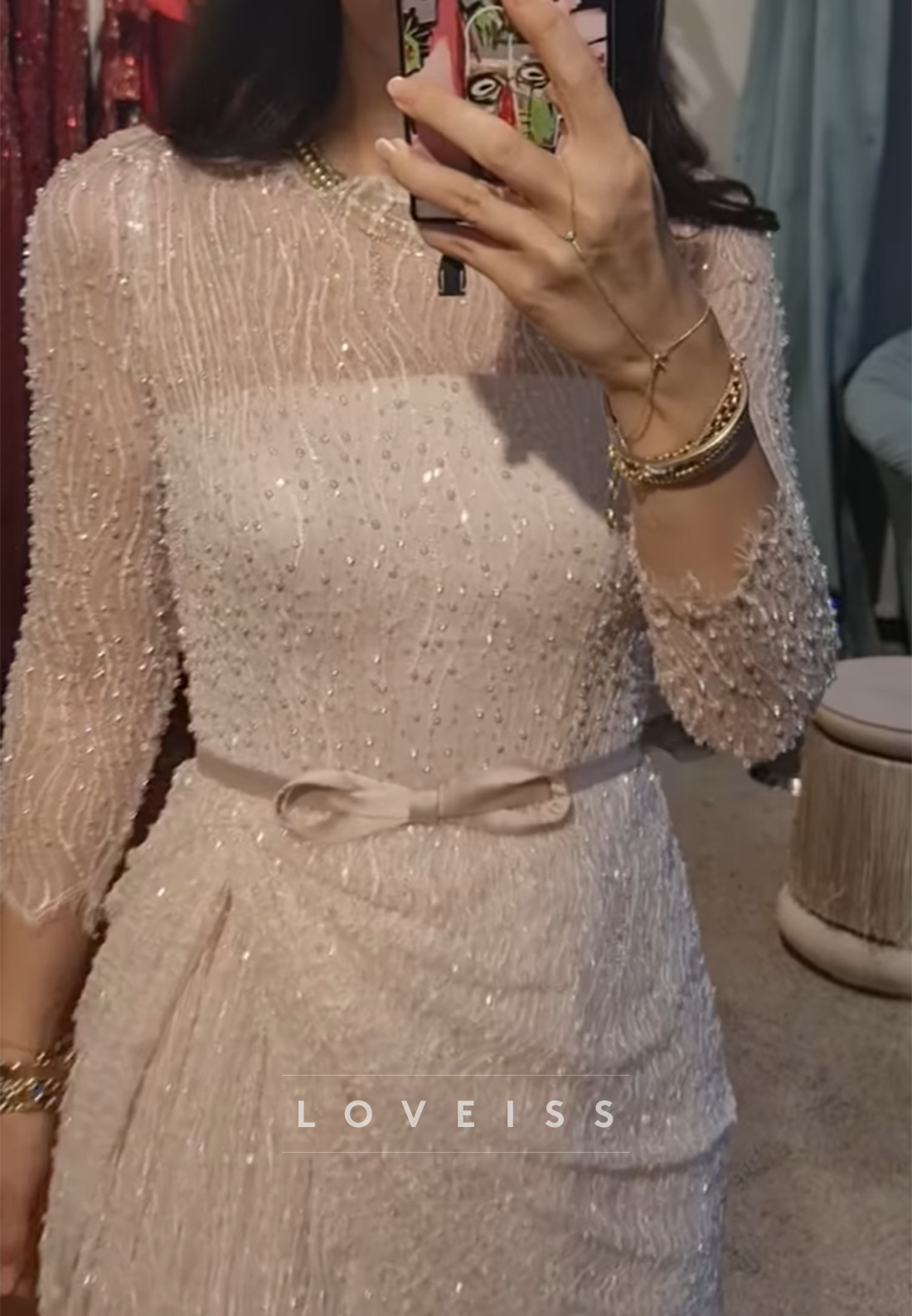 Scoop Long Sleeves Beaded Embroidery Ruched Sheath Evening Dress
