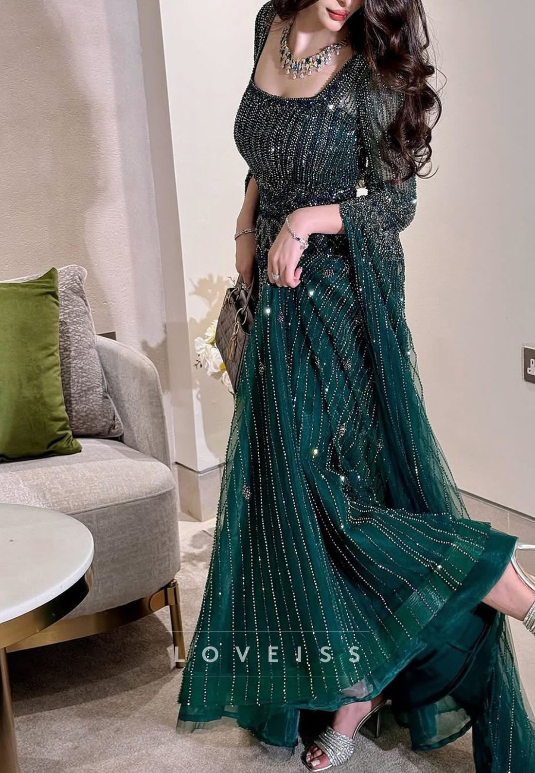 Scoop Long Sleeves Beaded Embroidery Sparkly A-Line Evening Dress