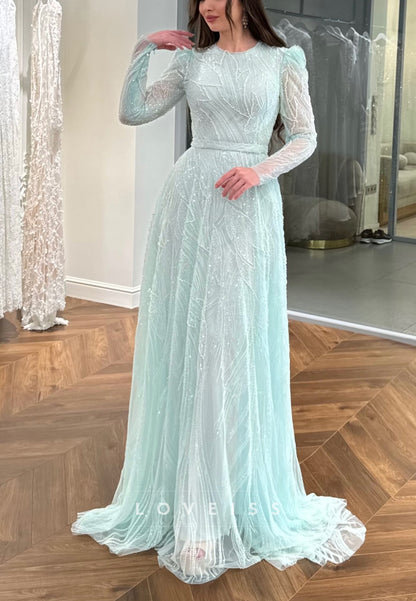 Scoop Long Sleeves Beaded Embroidery Sparkly A-Line Evening Dress