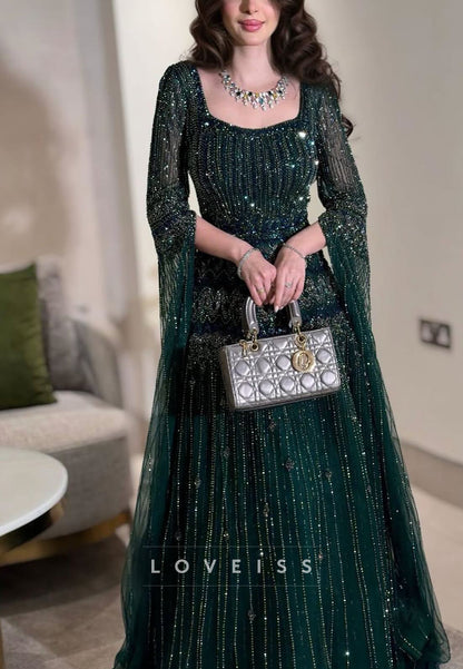 Scoop Long Sleeves Beaded Embroidery Sparkly A-Line Evening Dress