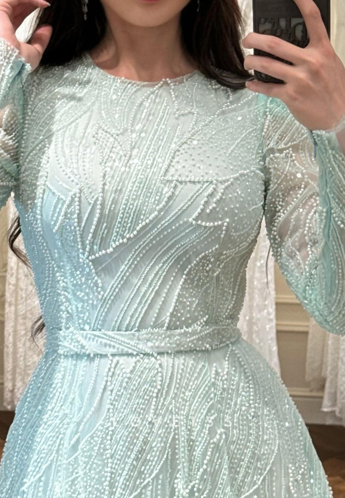 Scoop Long Sleeves Beaded Embroidery Sparkly A-Line Evening Dress