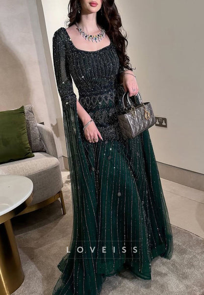 Scoop Long Sleeves Beaded Embroidery Sparkly A-Line Evening Dress
