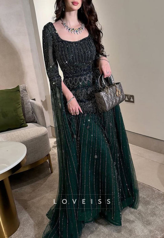 Scoop Long Sleeves Beaded Embroidery Sparkly A-Line Evening Dress