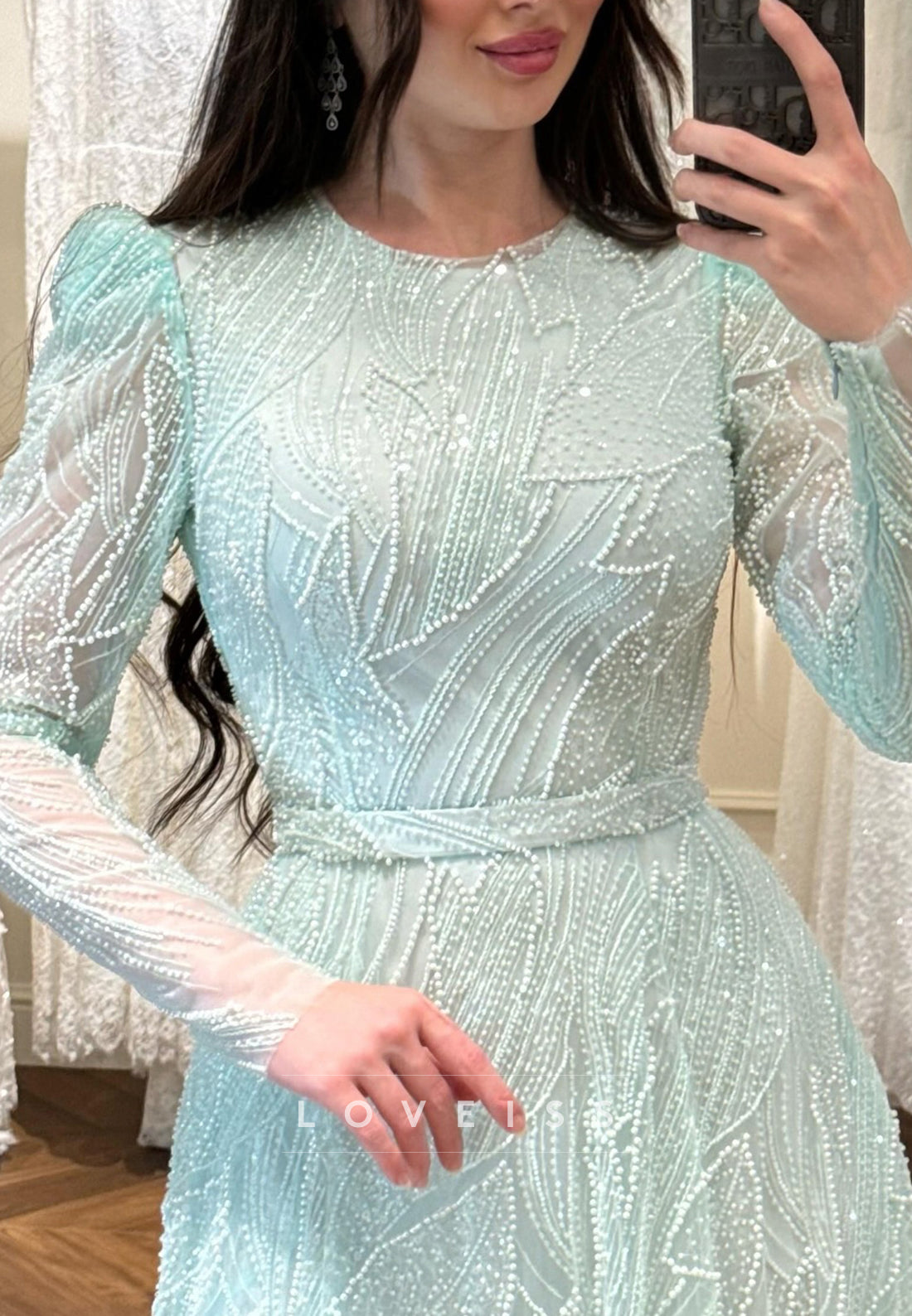 Scoop Long Sleeves Beaded Embroidery Sparkly A-Line Evening Dress