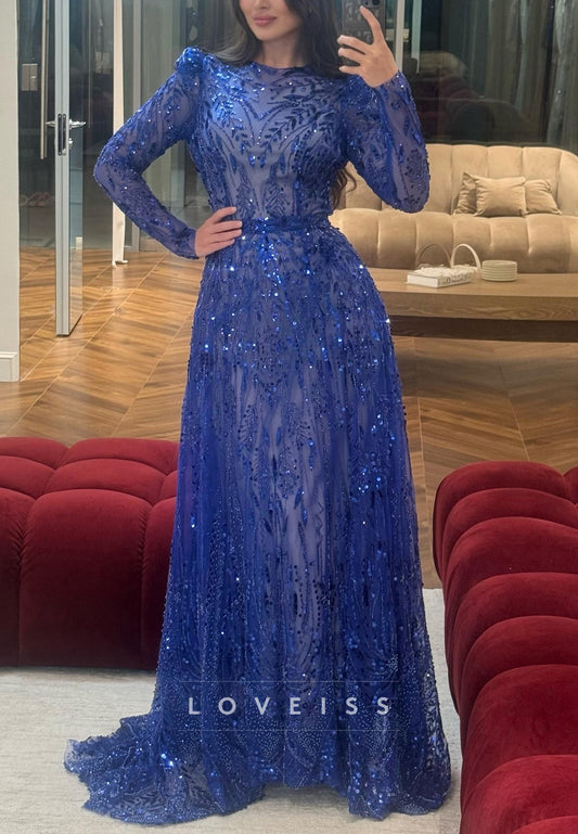 Scoop Long Sleeves Beaded Embroidery Sparkly A-Line Prom Dress