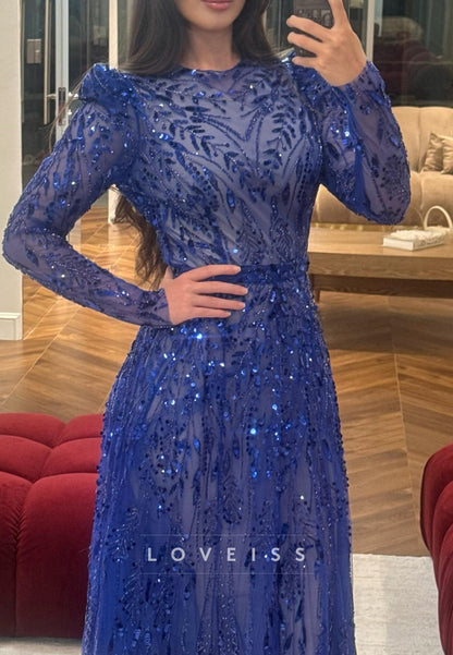 Scoop Long Sleeves Beaded Embroidery Sparkly A-Line Prom Dress