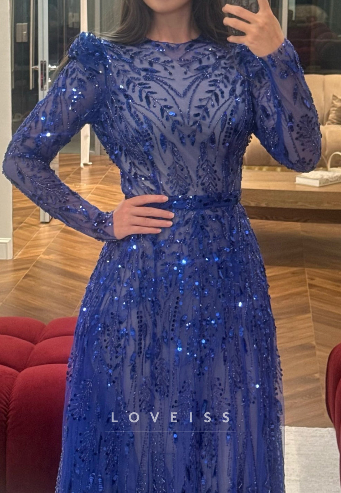 Scoop Long Sleeves Beaded Embroidery Sparkly A-Line Prom Dress