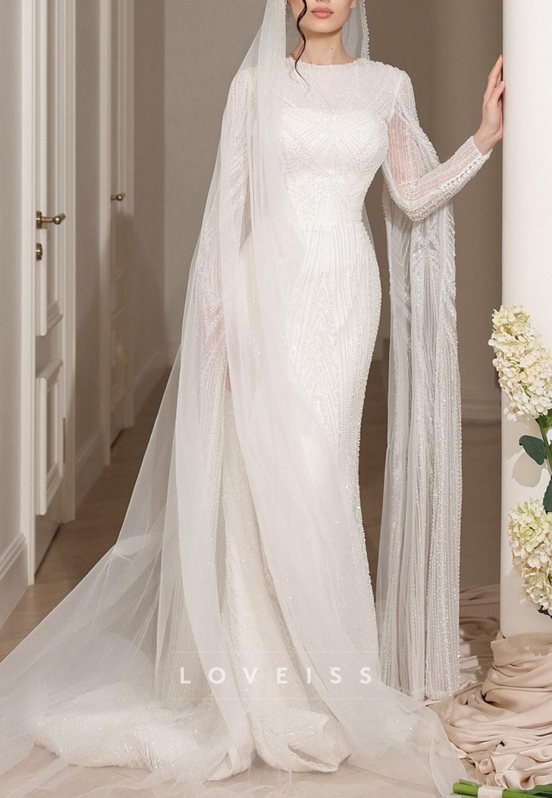 Scoop Long Sleeves Beaded Embroidery Sparkly Sheath Wedding Dress