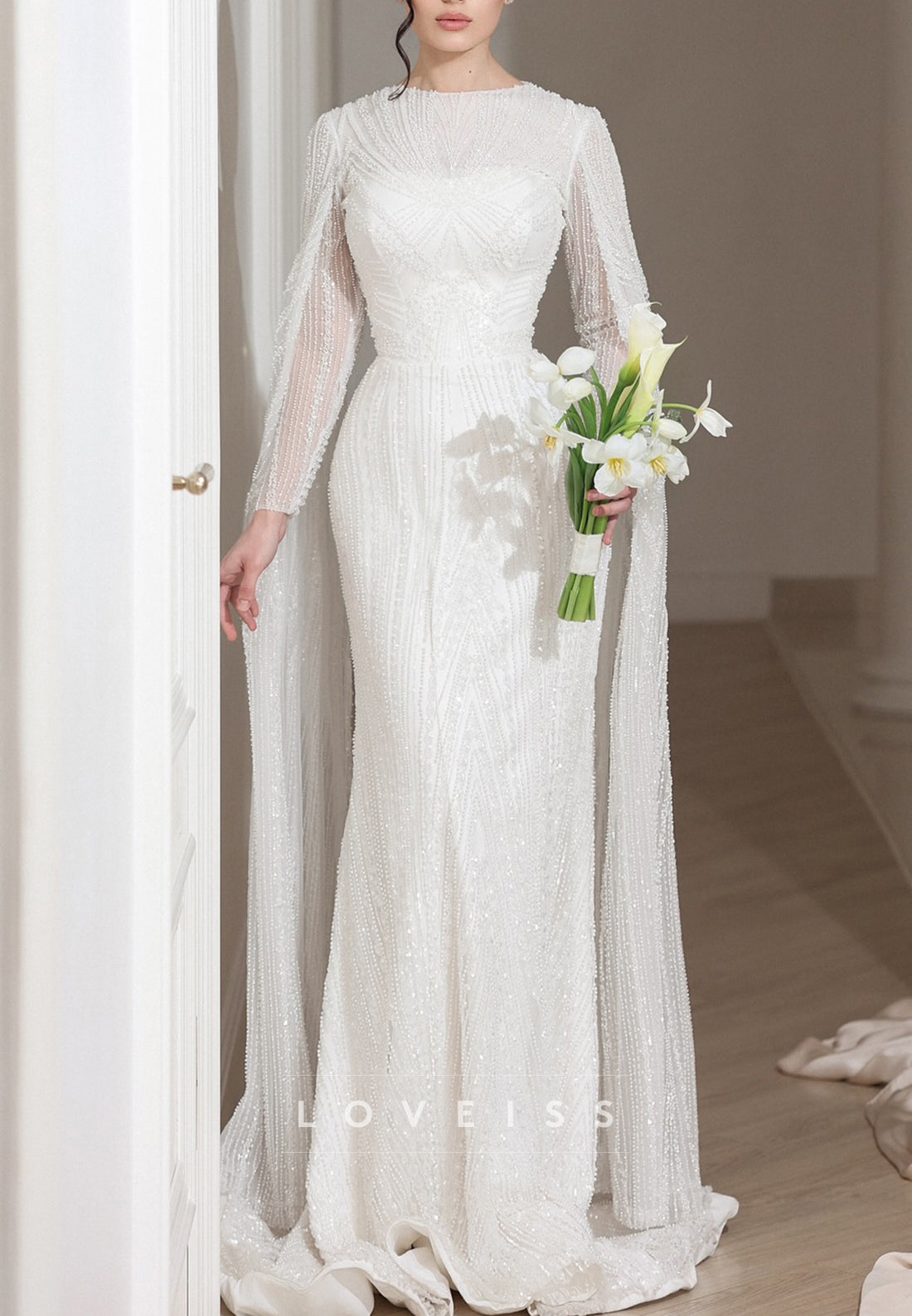 Scoop Long Sleeves Beaded Embroidery Sparkly Sheath Wedding Dress