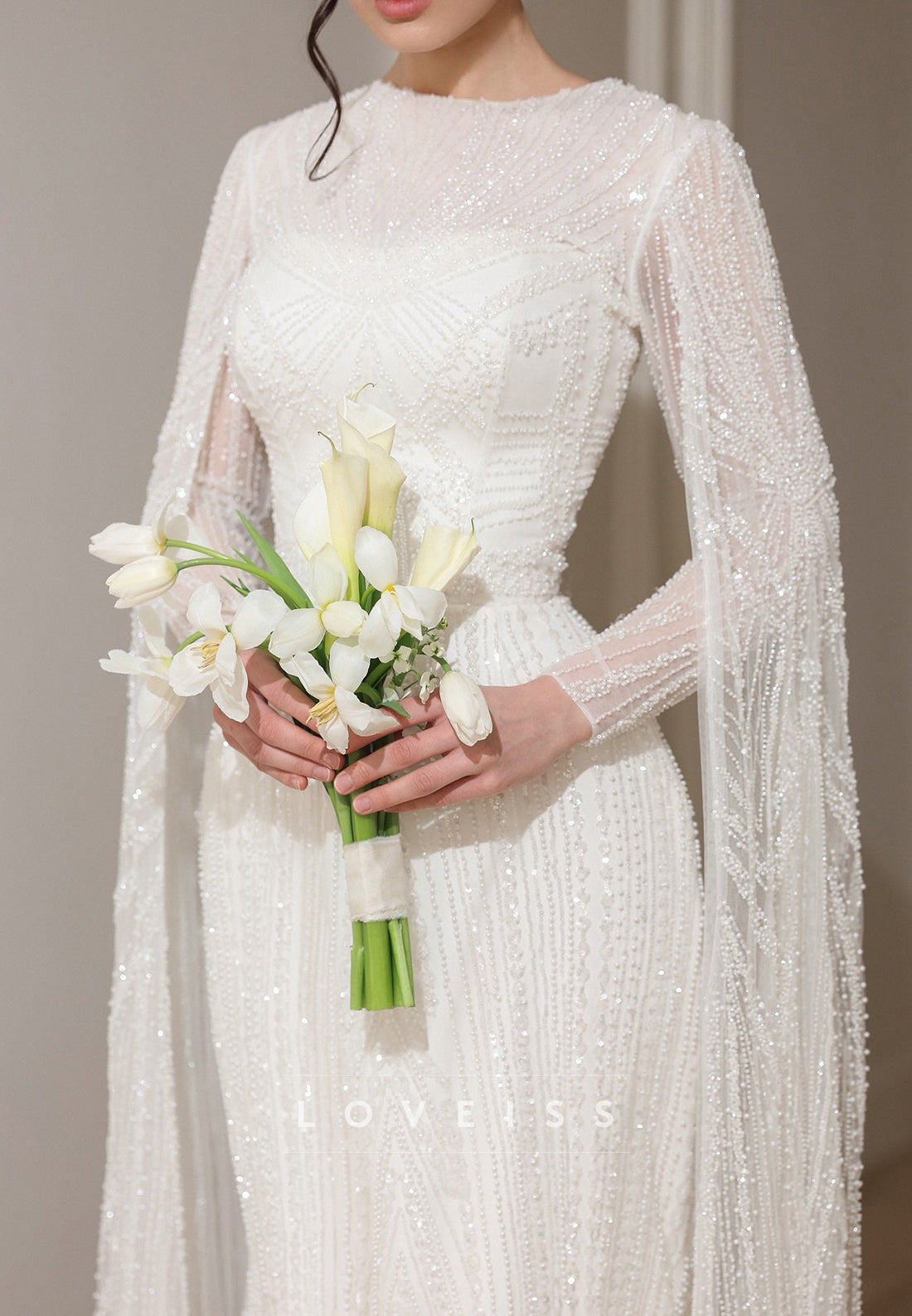 Scoop Long Sleeves Beaded Embroidery Sparkly Sheath Wedding Dress