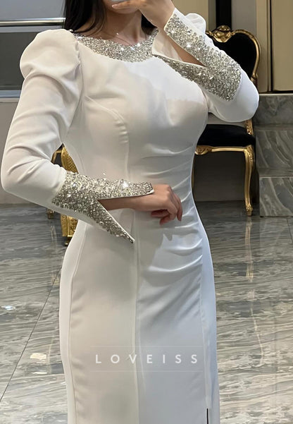Scoop Long Sleeves Beaded Mermaid Evening Dress