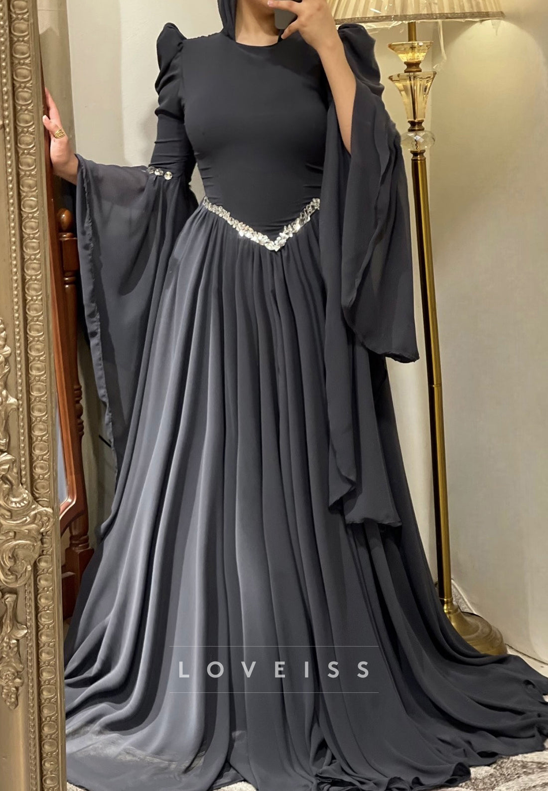 Scoop Long Sleeves Beaded Pleated A-Line Formal Dress