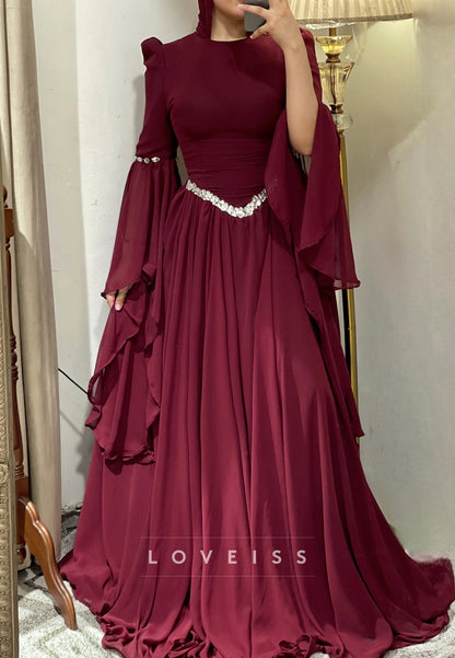 Scoop Long Sleeves Beaded Pleated A-Line Formal Dress