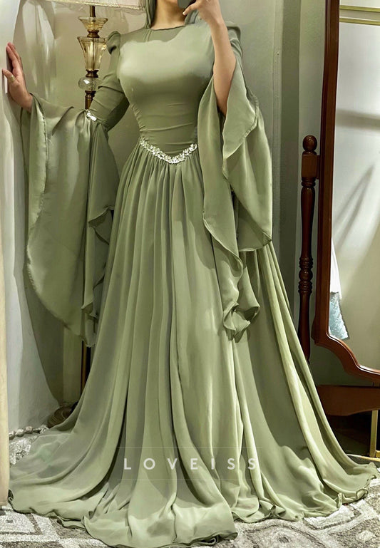 Scoop Long Sleeves Beaded Pleated A-Line Formal Dress