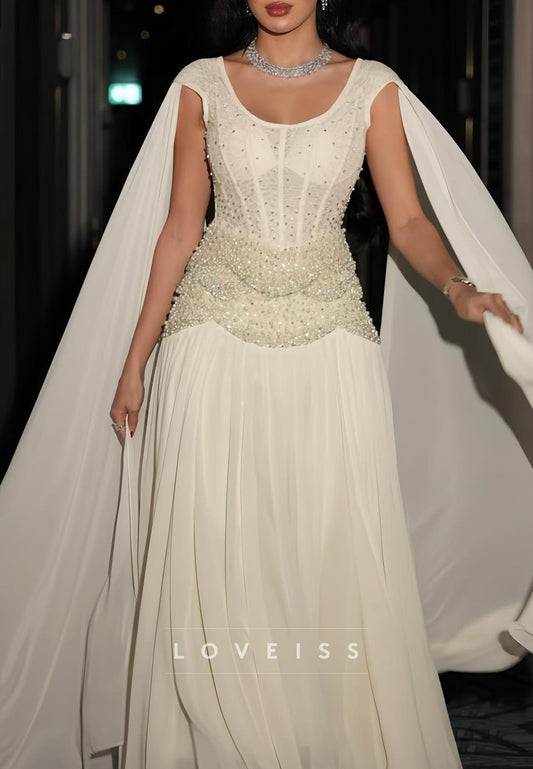 Scoop Long Sleeves Beaded Pleated Chiffon A-Line Prom Dress