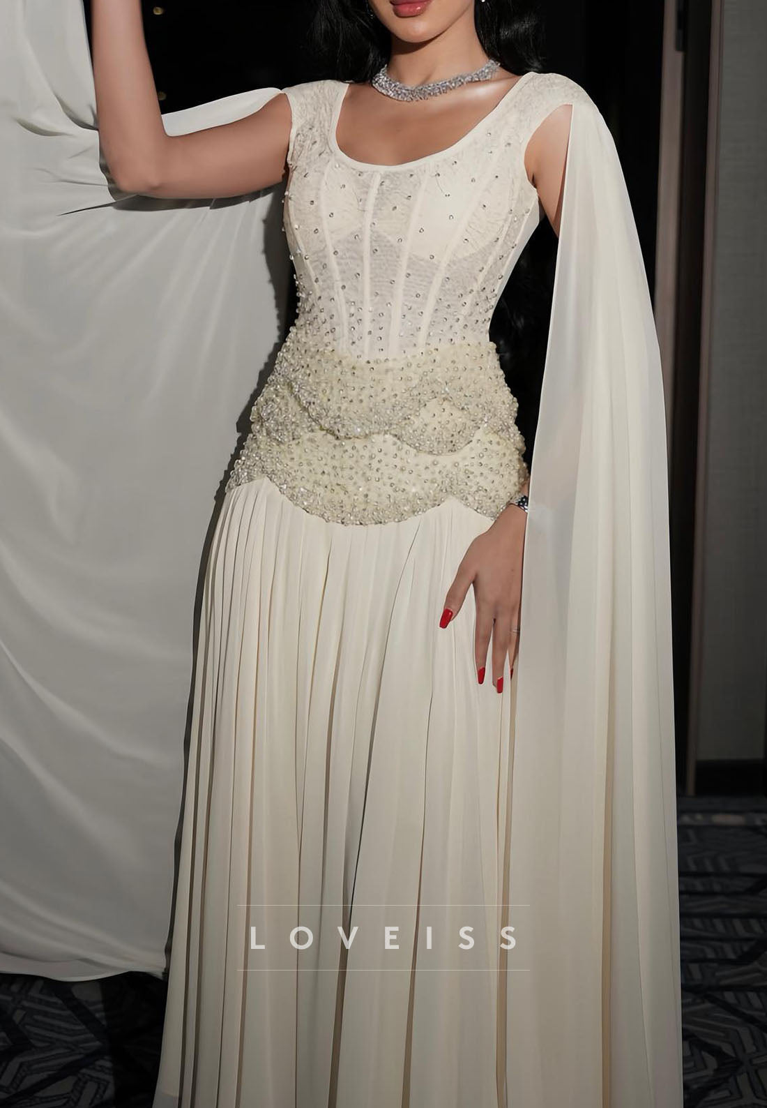 Scoop Long Sleeves Beaded Pleated Chiffon A-Line Prom Dress
