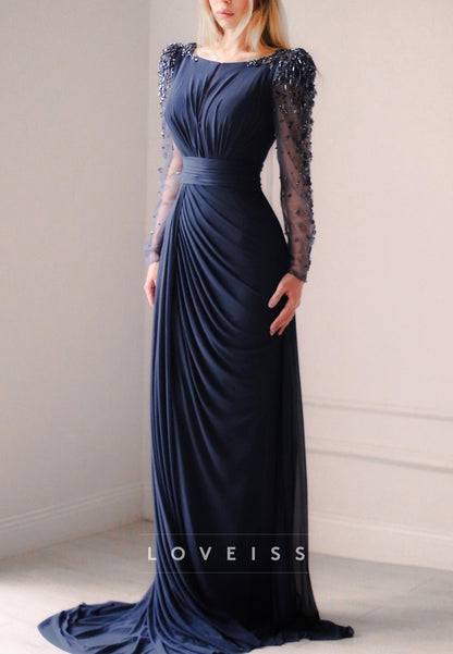 Scoop Long Sleeves Beaded Ruched Sheath Mother of Bride Dress