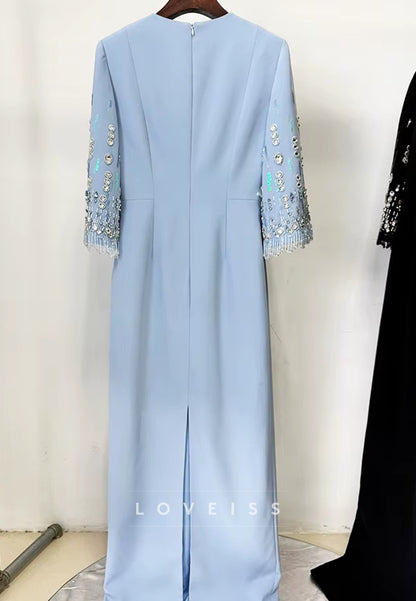 Scoop Long Sleeves Beaded Sheat Formal Dress