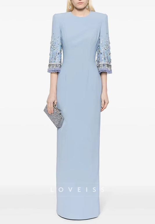 Scoop Long Sleeves Beaded Sheat Formal Dress
