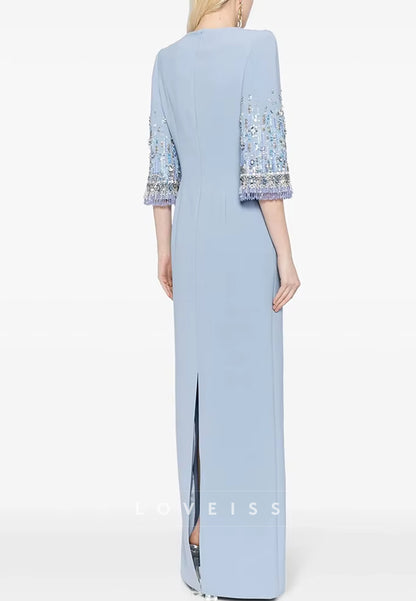Scoop Long Sleeves Beaded Sheat Formal Dress