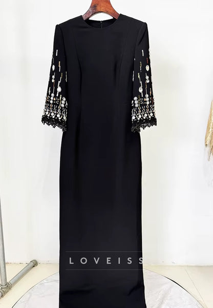 Scoop Long Sleeves Beaded Sheat Formal Dress