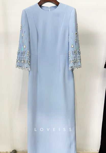 Scoop Long Sleeves Beaded Sheat Formal Dress