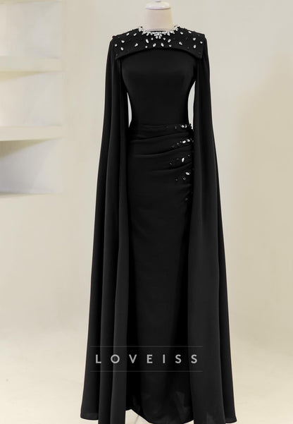 Scoop Long Sleeves Beaded Sheath Evening Dress