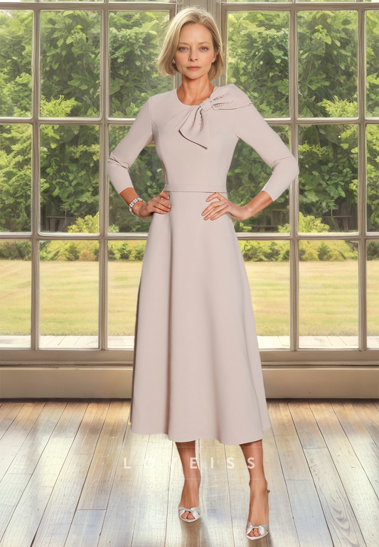 Scoop Long Sleeves Bowknot Pleated Sleek A-Line Mother of Bride Dress