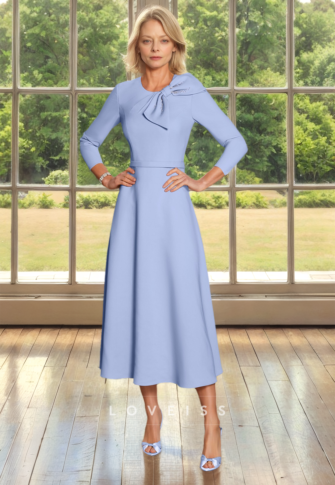 Scoop Long Sleeves Bowknot Pleated Sleek A-Line Mother of Bride Dress