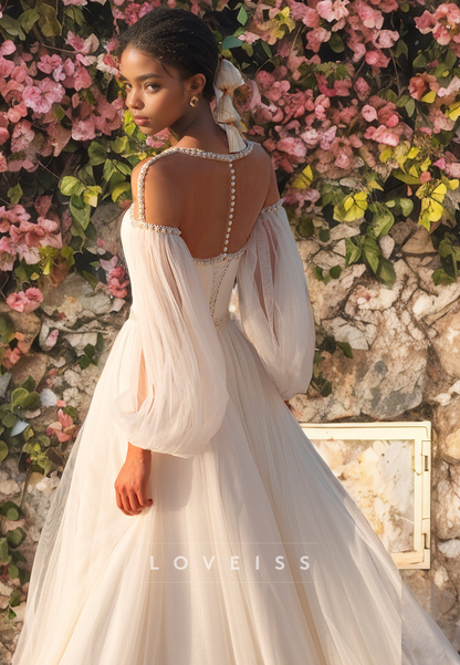 Scoop Long Sleeves Chiffon A-Line Beach Wedding Dress