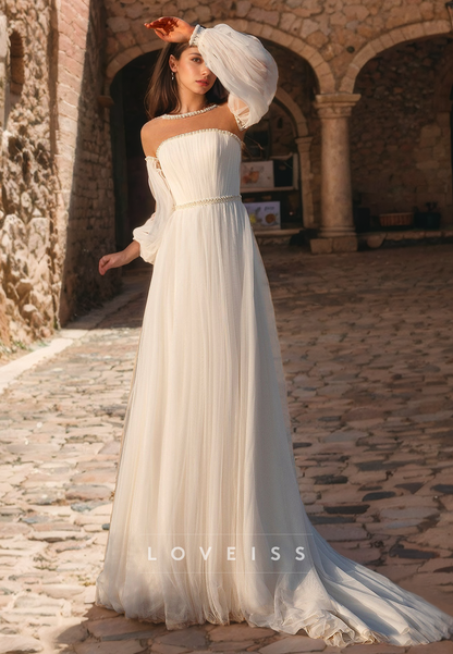 Scoop Long Sleeves Chiffon A-Line Beach Wedding Dress