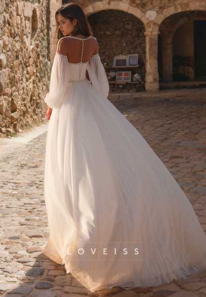 Scoop Long Sleeves Chiffon A-Line Beach Wedding Dress