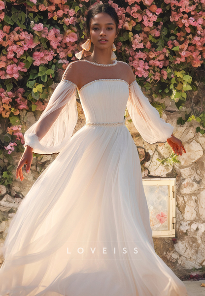 Scoop Long Sleeves Chiffon A-Line Beach Wedding Dress