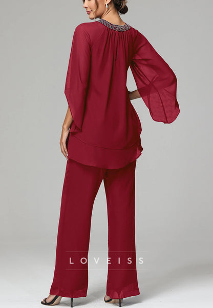 Scoop Long Sleeves Chiffon Juumpsuit Mother of Bride