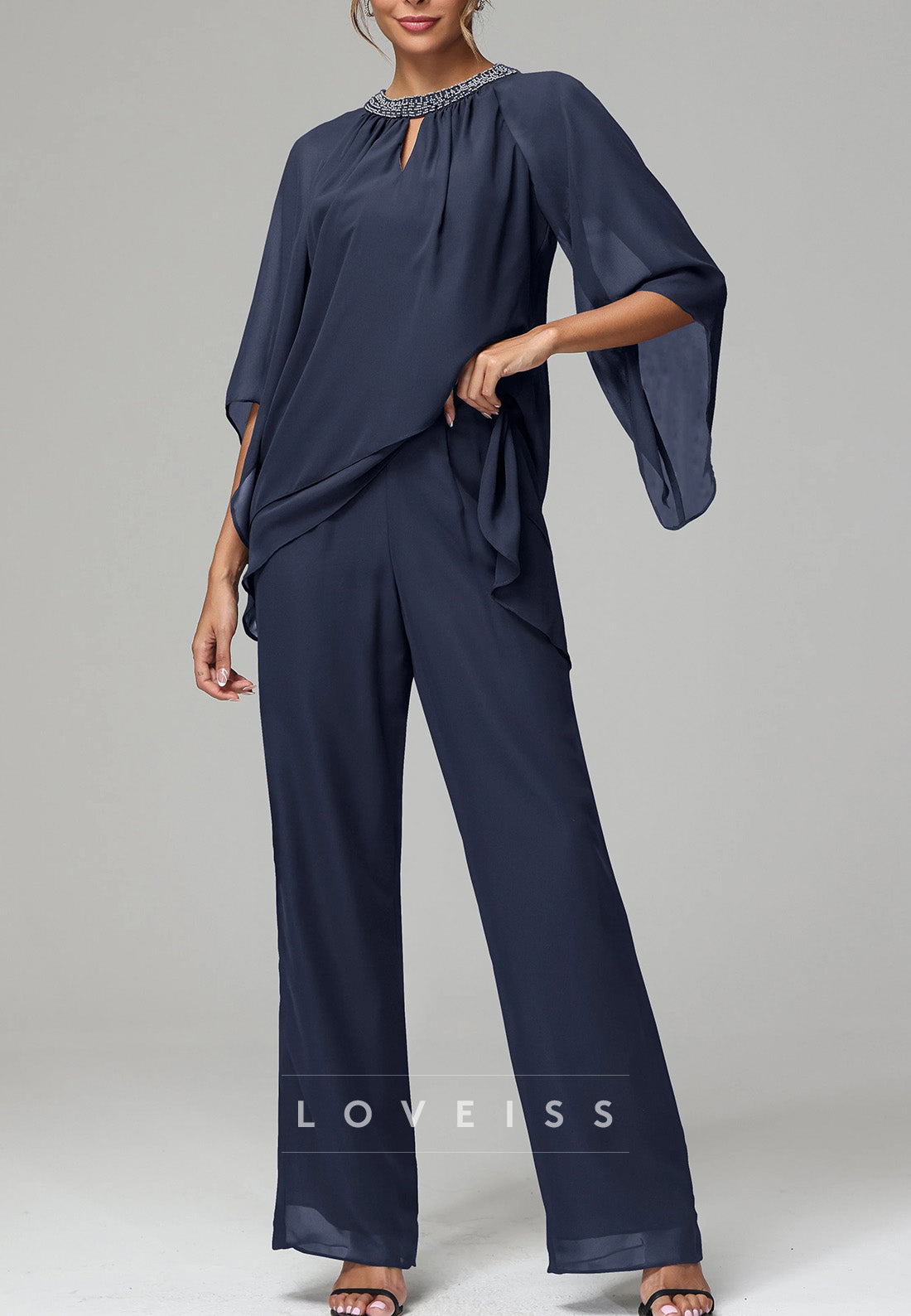 Scoop Long Sleeves Chiffon Juumpsuit Mother of Bride