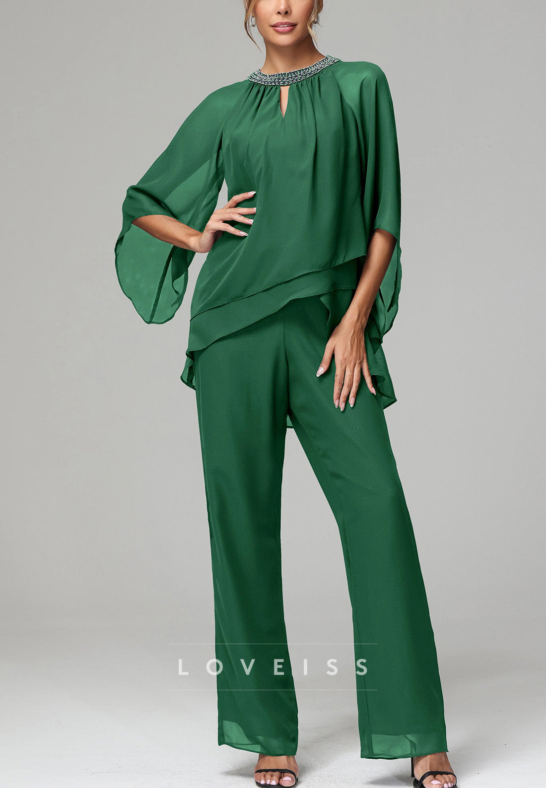 Scoop Long Sleeves Chiffon Juumpsuit Mother of Bride