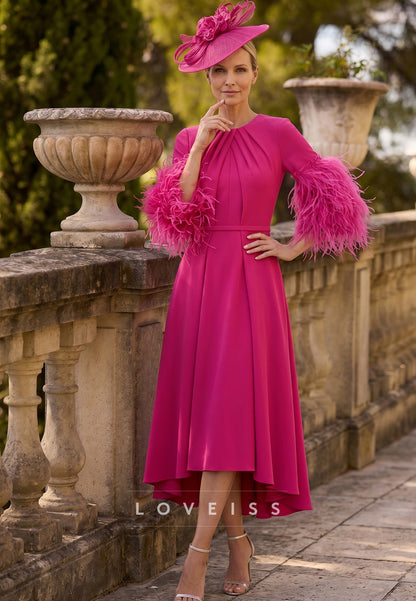 Scoop Long Sleeves Feathered A-Line Mother of Bride Dress