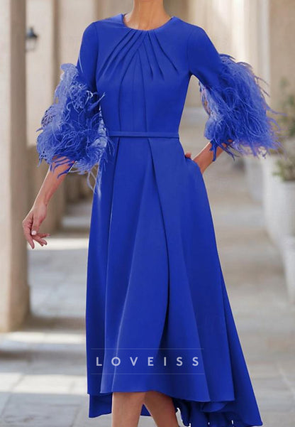 Scoop Long Sleeves Feathered A-Line Mother of Bride Dress