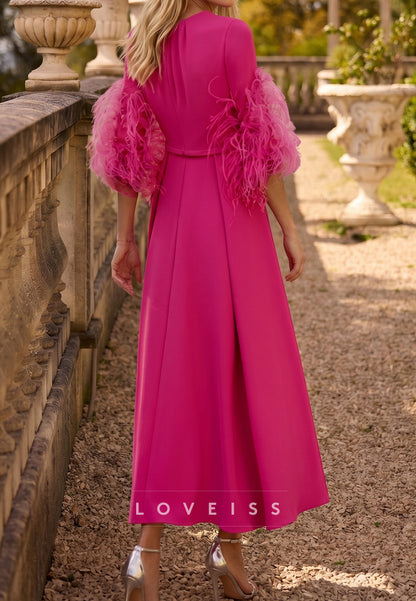 Scoop Long Sleeves Feathered A-Line Mother of Bride Dress