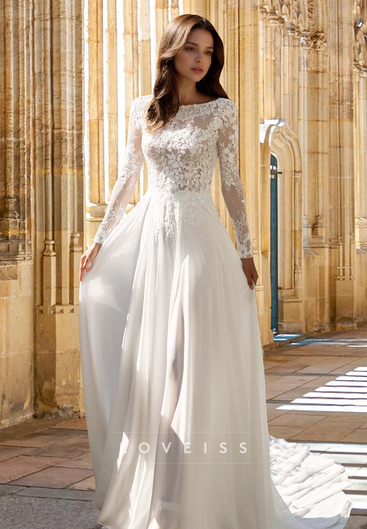Scoop Long Sleeves Floral Appliques Chiffon A-Line Wedding Dress
