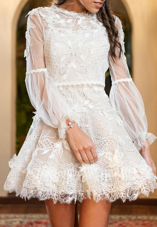 Scoop Long Sleeves Floral Appliques Short A-Line Wedding Dress