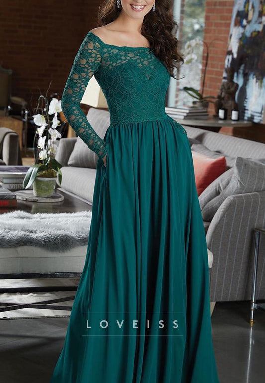 Scoop Long Sleeves Lace Appliques A-Line Mother of Bride Dress