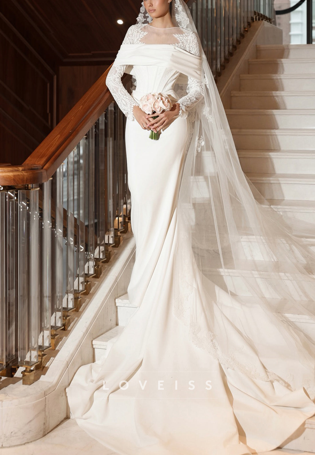 Scoop Long Sleeves Lace Appliques Mermaid Wedding Dress