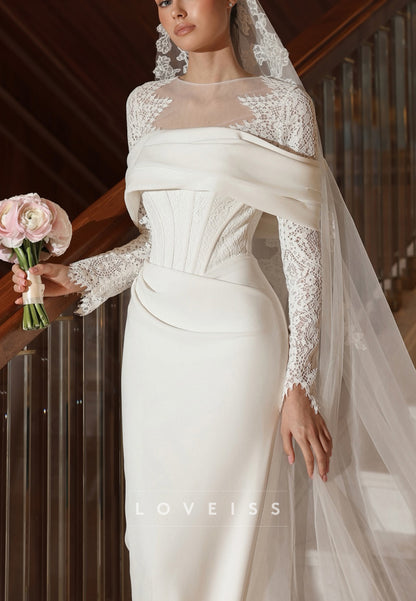 Scoop Long Sleeves Lace Appliques Mermaid Wedding Dress