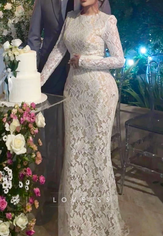 Scoop Long Sleeves Lace Appliques Mermaid Wedding Dress