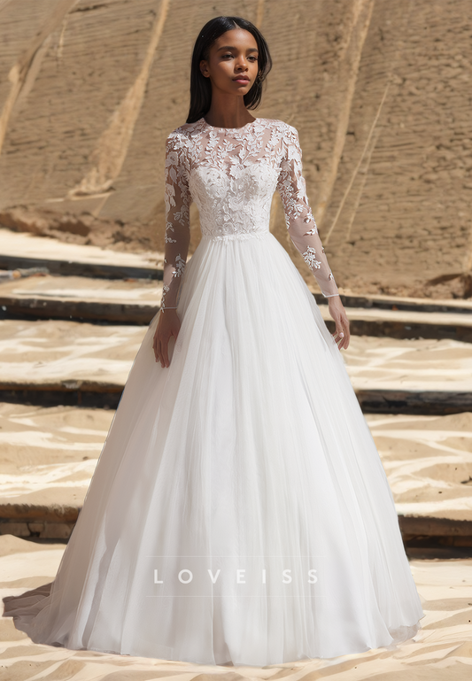 Scoop Long Sleeves Lace Appliques Tulle Ball Gown Wedding Dress