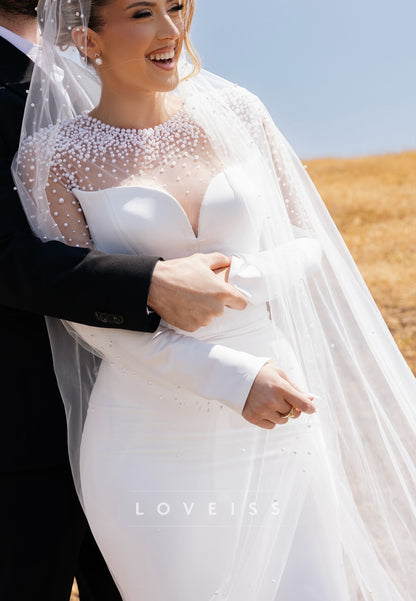 Scoop Long Sleeves Pearl Mermaid Wedding Dress