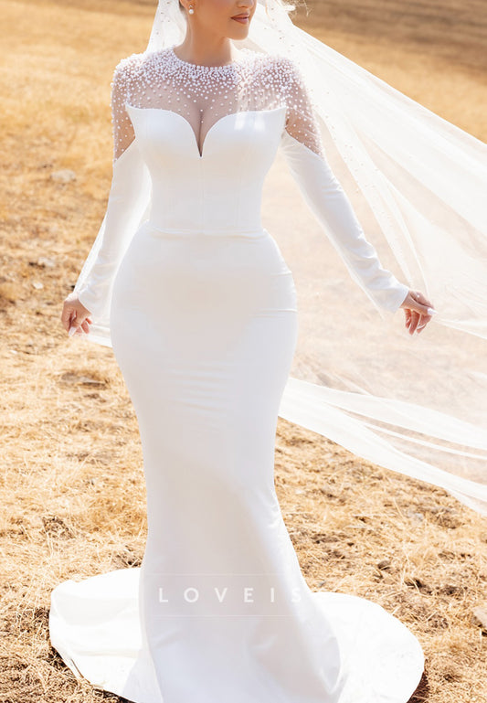 Scoop Long Sleeves Pearl Mermaid Wedding Dress