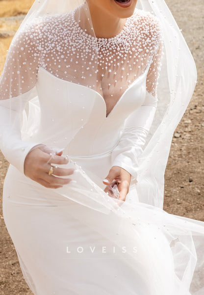 Scoop Long Sleeves Pearl Mermaid Wedding Dress